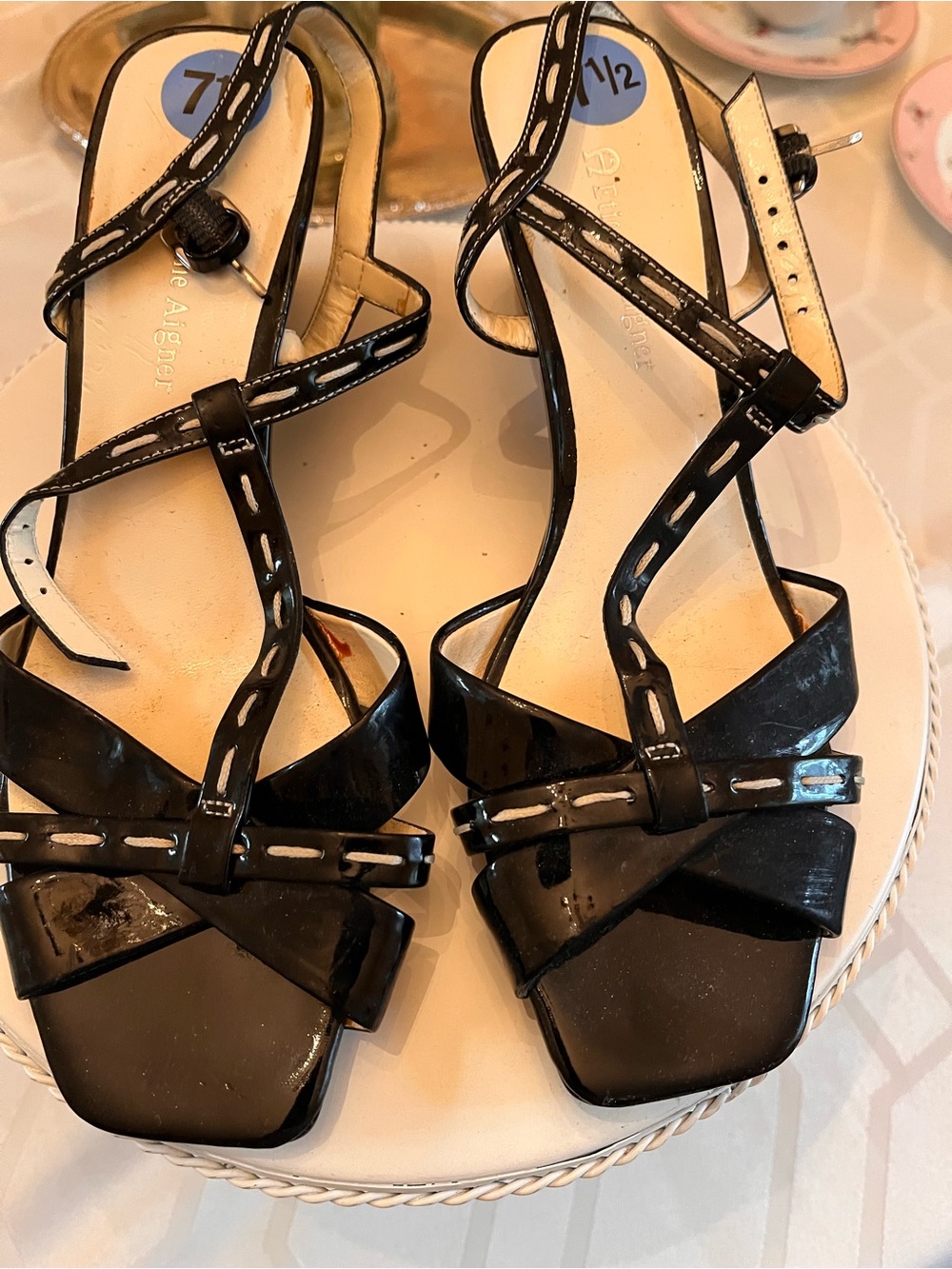 Etienne Aigner Black Patent Strappy Sandals with White Stitching